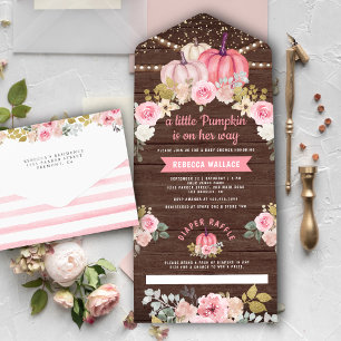 Invitación Todo En Uno Pequeña Calabaza Dorada Rosa Flora Baby Shower