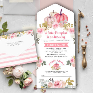 Invitación Todo En Uno Pequeña Calabaza Dorada Rosa Floral Baby Shower