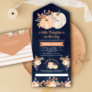 Invitación Todo En Uno Pequeña Calabaza Tierra Floral Marina Azul Baby Sh