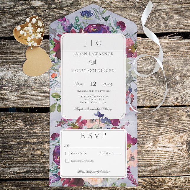 Invitación Todo En Uno Periwinkle Maroon y Rubor Rustic Floral sin cena (Subido por el creador)