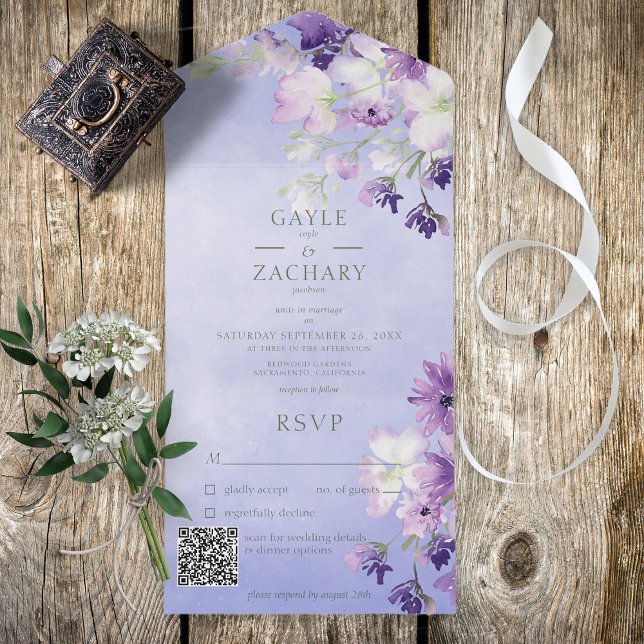 Invitación Todo En Uno Periwinkle Purple Boho Floral QR Code (Subido por el creador)