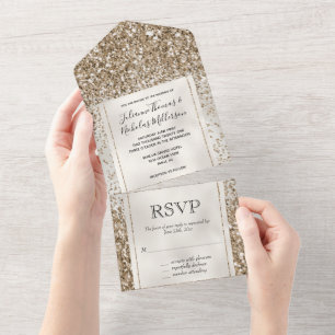 Invitación Todo En Uno Perla Blanca Luxe Dorado Glitter     