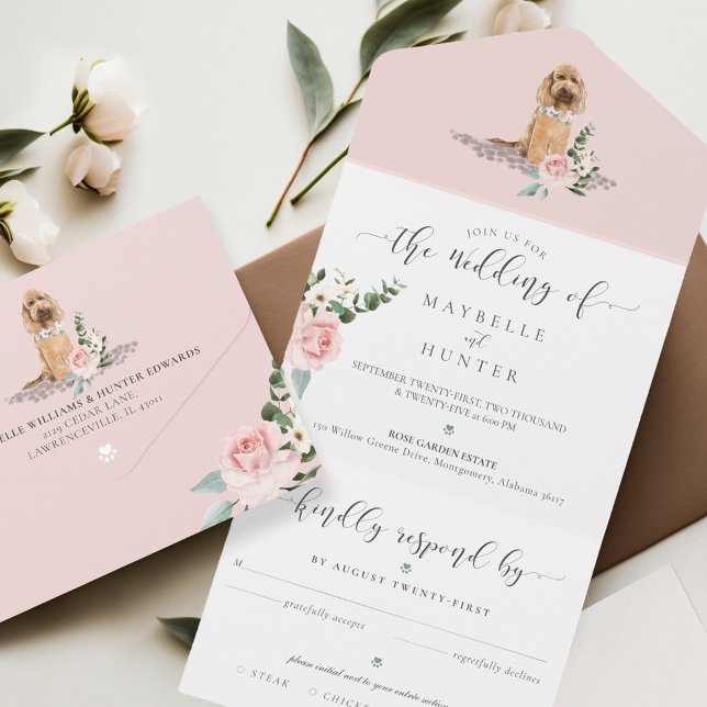 Invitación Todo En Uno Perro acuarela y elegante floral rosa rosa (Watercolor Dog & Elegant Pink Rose Floral All In One Invitation)
