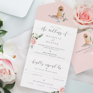 Invitación Todo En Uno Perro acuático y elegante floral rosa todo en