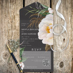 Invitación Todo En Uno Personajes blancos modernos en código QR negro<br><div class="desc">DISPONIBLE CON O SIN CÓDIGO QR PARA ESCALAR. Este diseño presenta una gran peonía blanca con un centro amarillo suave, bolas verdes y de algodón sobre un fondo blanco (o cualquier papel de color que elija). Agregue un código QR a su invitación para que los visitantes puedan acceder rápidamente a...</div>
