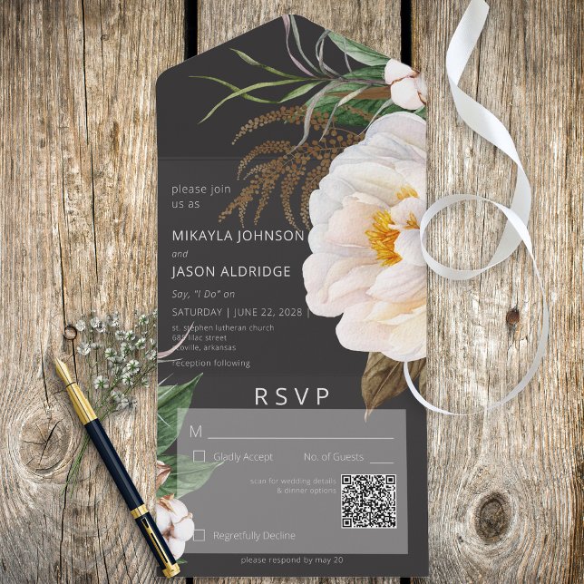 Invitación Todo En Uno Personajes blancos modernos en código QR negro (Also available without a QR code; with or without dinner selection options.)