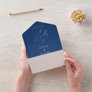 Invitación Todo En Uno Personalizado monograma boda de caligrafía azul ma