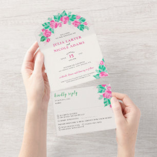 Invitación Todo En Uno Pétalos de rosa verdes rosados Flores Jardín Boda