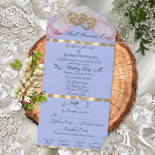 Invitación Todo En Uno Pétalos y Corazones Románticos - Perla Azul/Oro