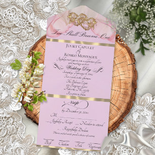 Invitación Todo En Uno Pétalos y Corazones Románticos - Perla Rosa/Oro
