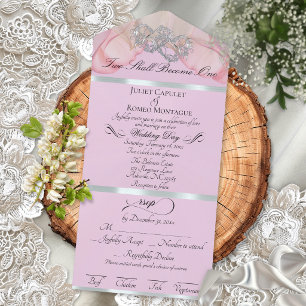 Invitación Todo En Uno Pétalos y Corazones Románticos - Perla Rosa/Plata