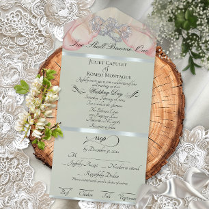 Invitación Todo En Uno Pétalos y Corazones Románticos - Salvia/Plata