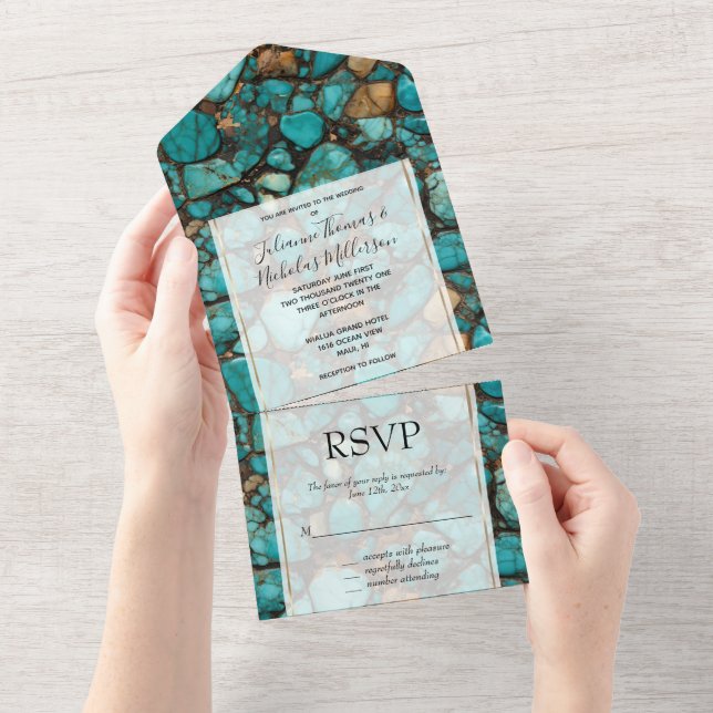 Invitación Todo En Uno Piedras negras turquesas (desgarro)