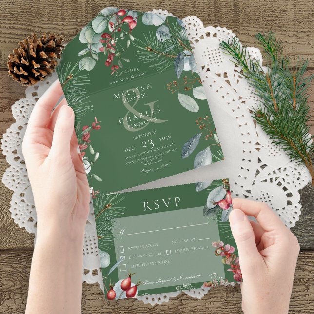 Invitación Todo En Uno Pine Berries Eucalyptus Dinner (Also available with a QR code or without dinner selection options.)