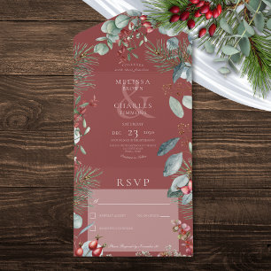 Invitación Todo En Uno Pine de Invierno Rojo Berries Eucalyptus Sin Cena