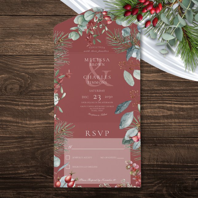 Invitación Todo En Uno Pine de Invierno Rojo Berries Eucalyptus Sin Cena (Red Winter Pine Berries Eucalyptus No Dinner All In One Invitation)