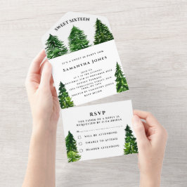 Invitación Todo En Uno Pine Trees Sweet 16 Bonito Green Girly Winter