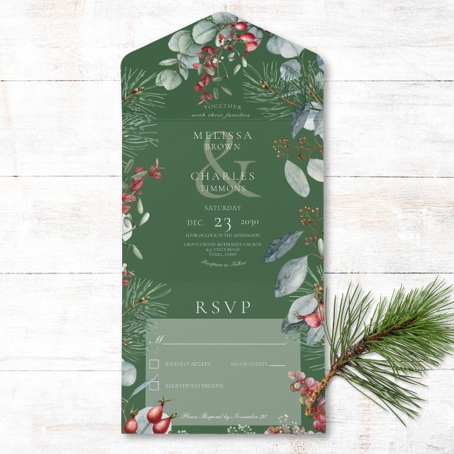 Invitación Todo En Uno Pine Verde De Invierno Berries Eucalyptus Sin Cena (Also available with a QR code or with dinner selection options.)