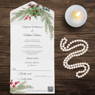 Invitación Todo En Uno Pine y Berries navidades con código QR