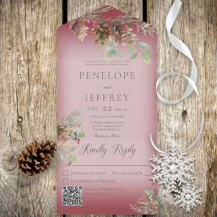 Invitación Todo En Uno Pinecone & Berries Código QR rojo de vino moderno