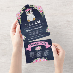 Invitación Todo En Uno Pingüino de Acuarela de Floral Rosa Tiburón de Beb