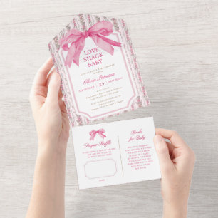 Invitación Todo En Uno Pink Bow Coquette Love Shack Baby Shower