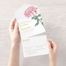 Invitación Todo En Uno Pink Chrysanthemum Botanical Wedding