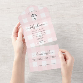 Invitación Todo En Uno Pink Gingham Umbrella Baby Shower