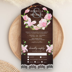 Invitación Todo En Uno Pink Magnolia Floral Wreath Barn Wood Boda