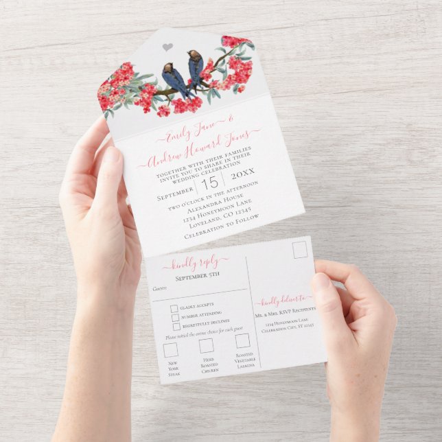 Invitación Todo En Uno Pink & Navy Secret Lovebird Forest Garden Wedding (desgarro)
