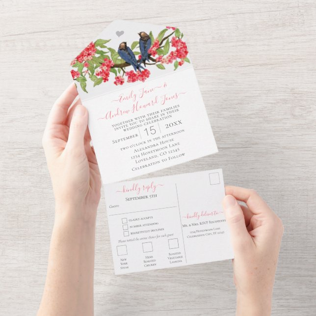 Invitación Todo En Uno Pink & Navy Secret Lovebird Forest Garden Wedding (desgarro)