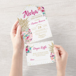 Invitación Todo En Uno Pink Pineapple Floral Baby Shower & Diaper Raffle
