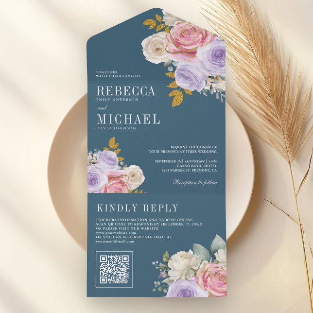 Invitación Todo En Uno Pink Purple Rose Floral QR Code Dusty Blue Wedding (Subido por el creador)