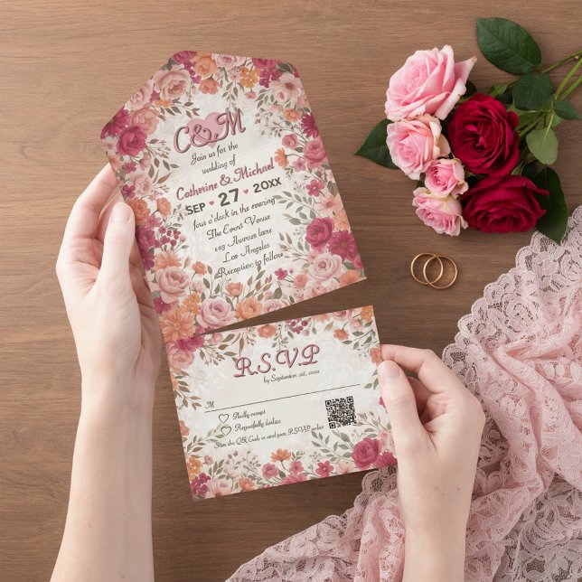 Invitación Todo En Uno Pink & Red Romantic Spring Floral QR Code Wedding (Flat lay pink red floral vintage spring garden romantic wedding invitation suite with RSVP)