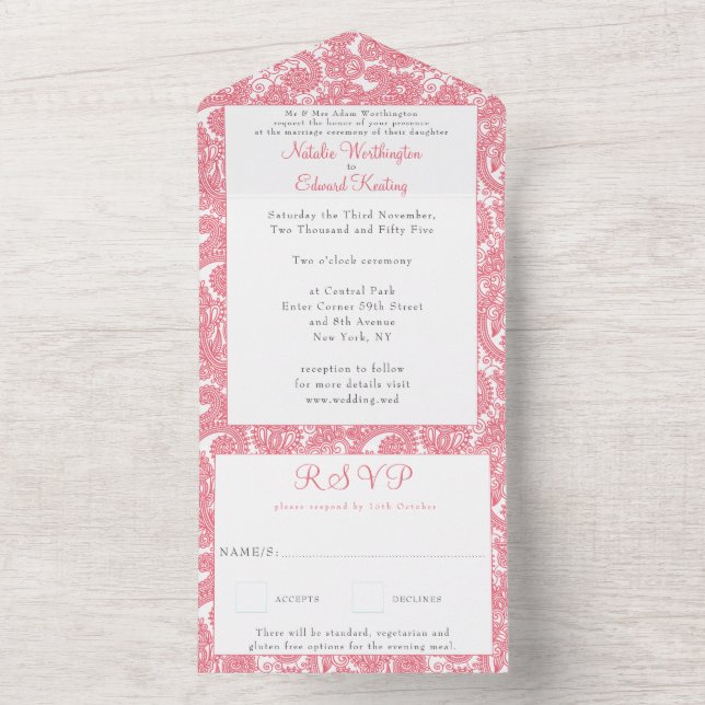 Invitación Todo En Uno Pink Salmon Filigree Paisley Henna Wedding RSVP (Interior)