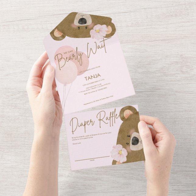Invitación Todo En Uno Pink Teddy Podemos Bear Esperar Chica Baby Shower (desgarro)
