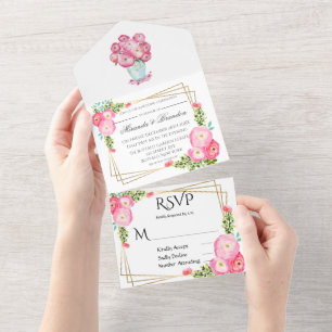 Invitación Todo En Uno Pink Watercolor Peony Gold Boda Geométrico