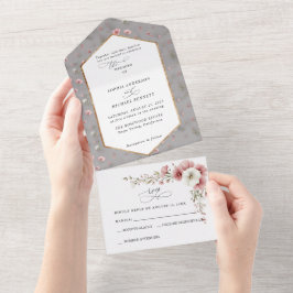 Invitación Todo En Uno Pink Wild Flowers Wedding  