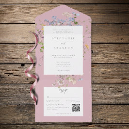 Invitación Todo En Uno Pink Wildflower Garden Elegant Wedding QR
