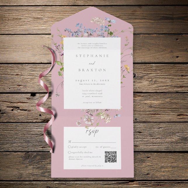 Invitación Todo En Uno Pink Wildflower Garden Elegant Wedding QR (Subido por el creador)