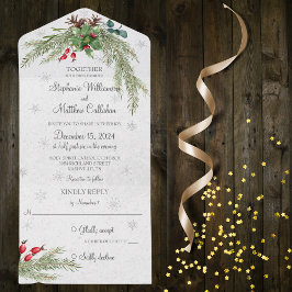 Invitación Todo En Uno Pino navidad y copos de nieve