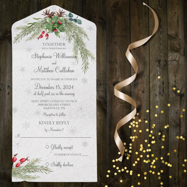 Invitación Todo En Uno Pino navidad y copos de nieve (Also available with QR code)