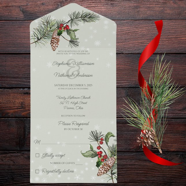 Invitación Todo En Uno Pino verde sabio y holly en nieve (Subido por el creador)