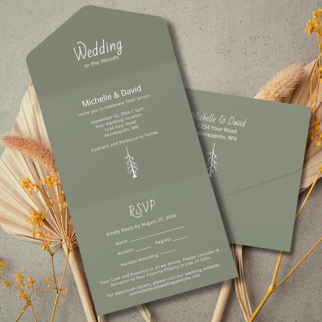 Invitación Todo En Uno Pinos Rústicos Boda Verde Sage Simple (Subido por el creador)