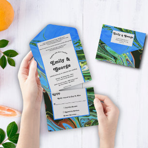 Invitación Todo En Uno Pintura abstracta al óleo azul verde elegante para