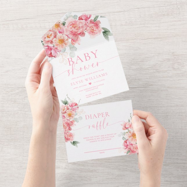 Invitación Todo En Uno Piper Peony Floral Baby Shower (desgarro)