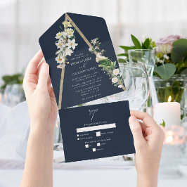 Invitación Todo En Uno Pirámide de madera bohemia Boda azul de las flores