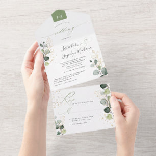 Invitación Todo En Uno PixDezines Acuarela Rústica Oro Verde Eucalipto