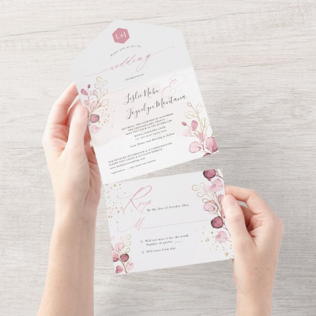 Invitación Todo En Uno PixDezines Acuarela Rústica Rosa turbio Eucalyptus (desgarro)