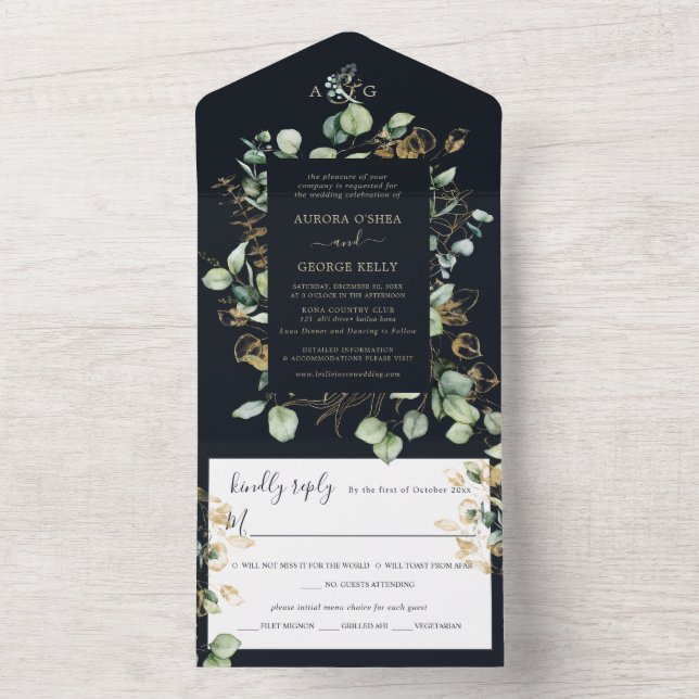 Invitación Todo En Uno PixDezines Armada Rustica Eucalyptus en Oro (Interior)